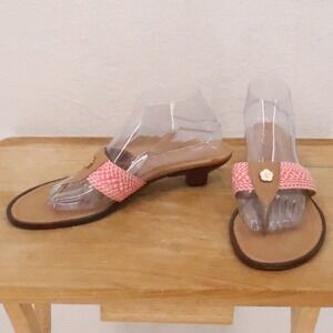 Eric Javits Woven Kitten Heel Sandals Womens Size 10.5 Pink Tan Leather Coastal